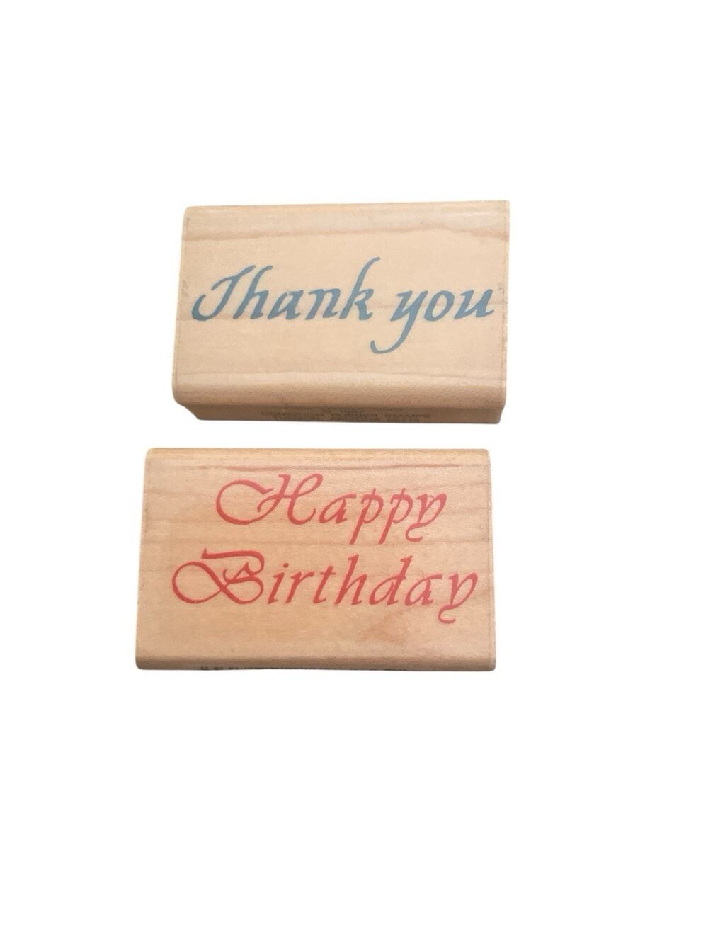 Comotion Lot Of 2 Rubber Stamp Thank You Happy Birthday Wood